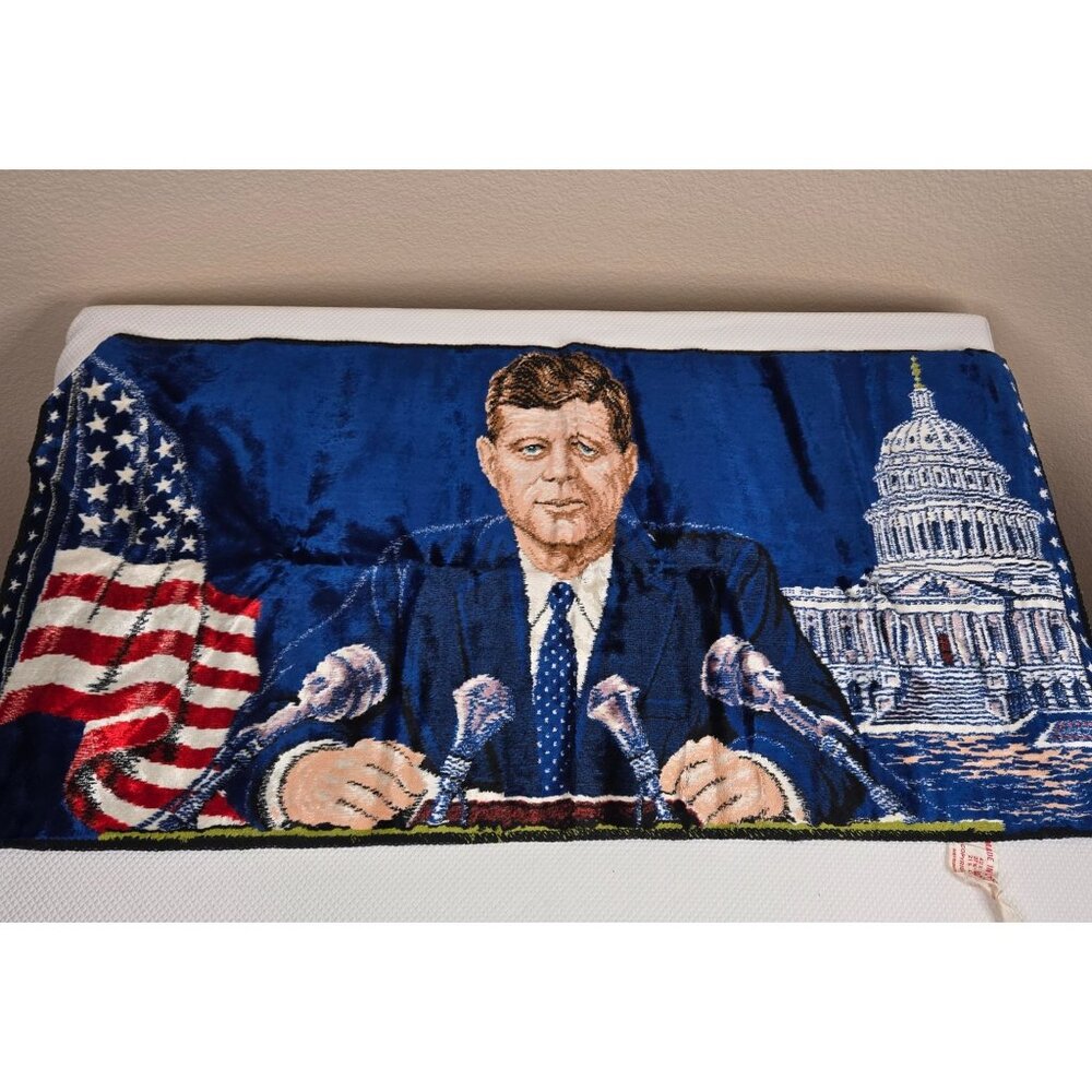 Vintage 1965 JFK Tapestry Wall Hanging 38x20 Inches Capitol Flag Made In Italy